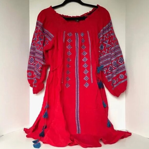 Anthropologie Ranna Gill Off Shoulder Dress Small Red Embroidered Peasant Cotton - Picture 1 of 11